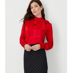 Ann Taylor Vibrant Red Smocked Cuff Bow Blouse